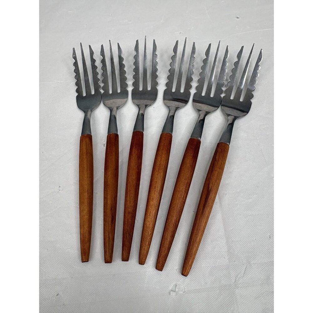 Vintage MCM Lot of 6 Nevco Japan Serrated Pastry Forks Teak Wood Handles